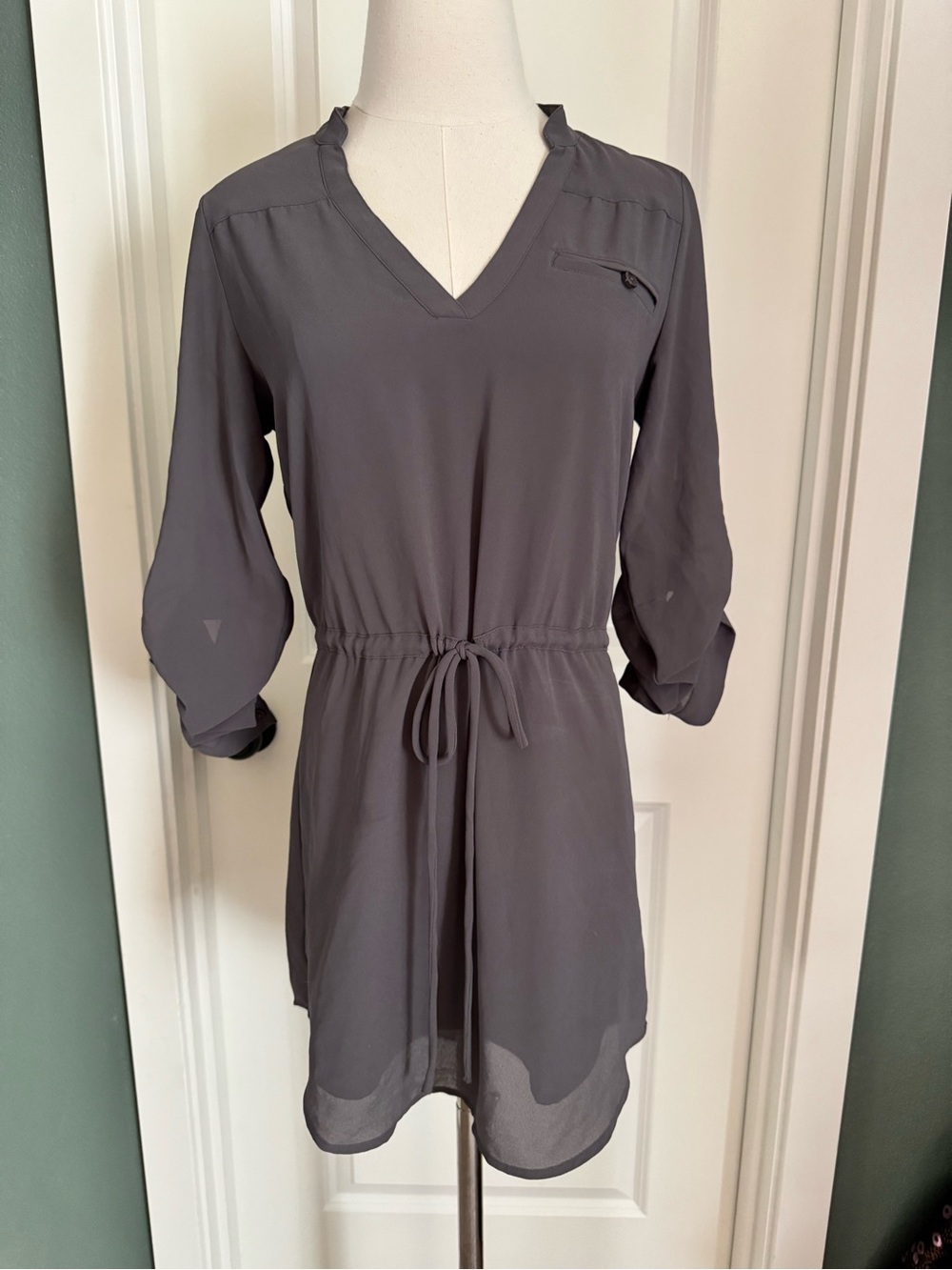 Naked Zebra Charcoal V-Neck Drawstring Waist Tunic Blouse